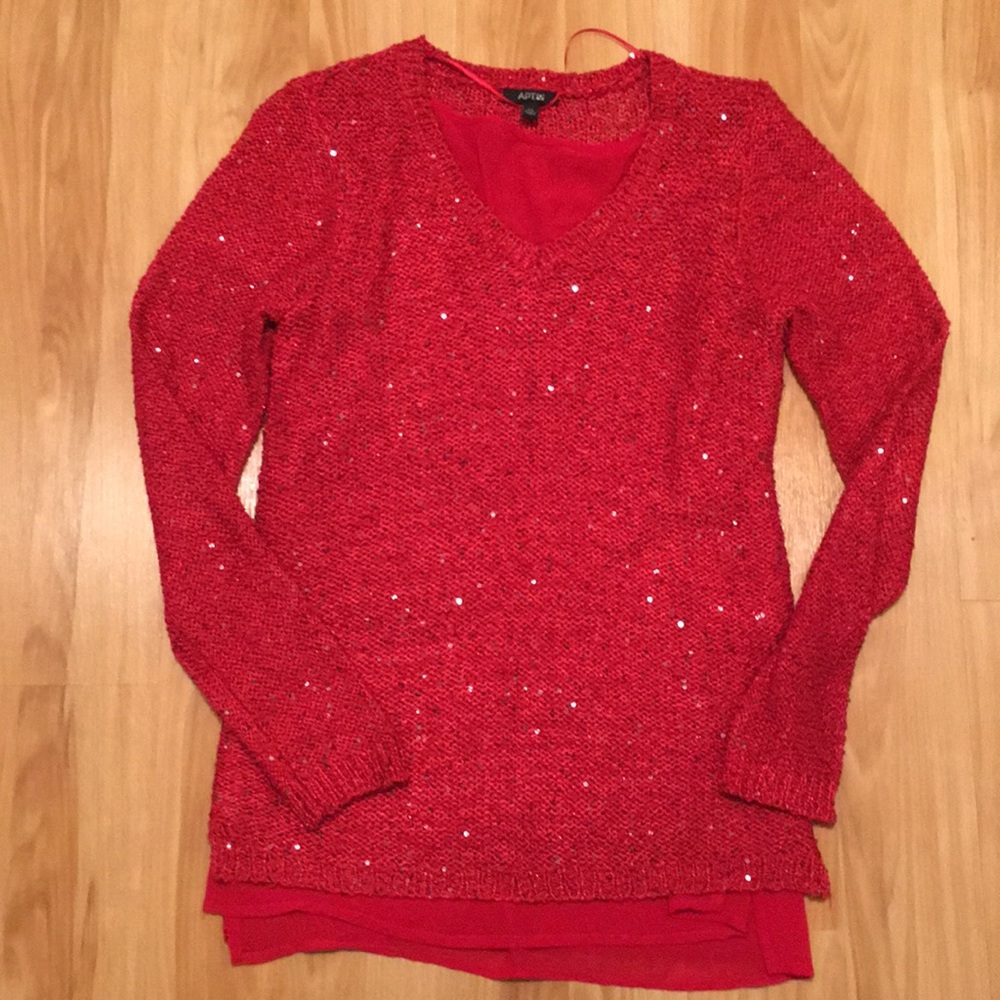 Sequin red sweater with attached sheer red cami